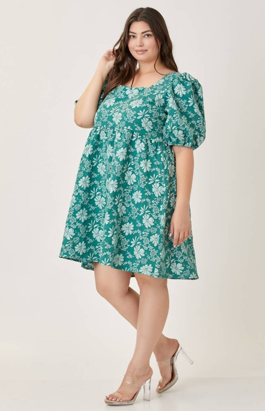Plus Size Babydoll Puff Sleeve Dress, Green Floral Cute Hues