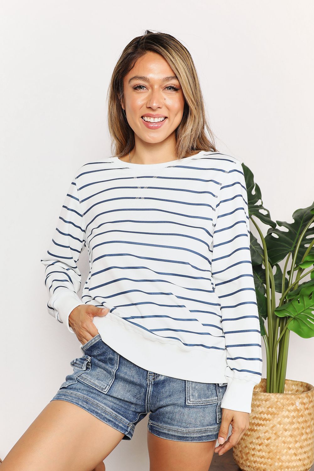 Double Take Striped Long Sleeve Round Neck Top Trendsi