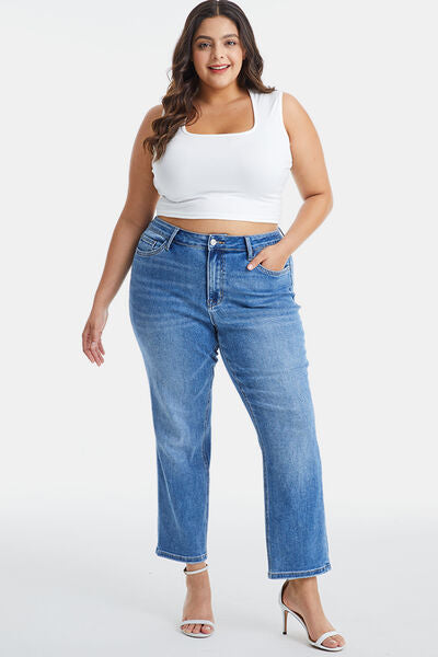 BAYEAS Full Size High Waist Raw Hem Straight Jeans Trendsi