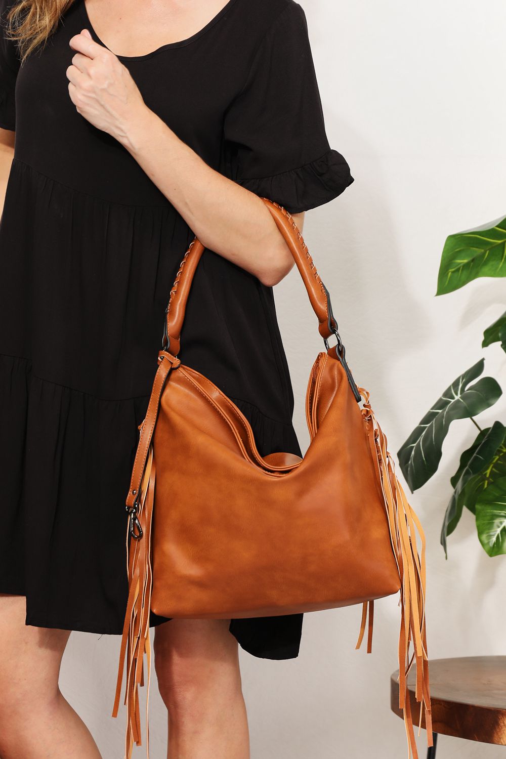 SHOMICO PU Leather Fringe Detail Shoulder Bag Trendsi