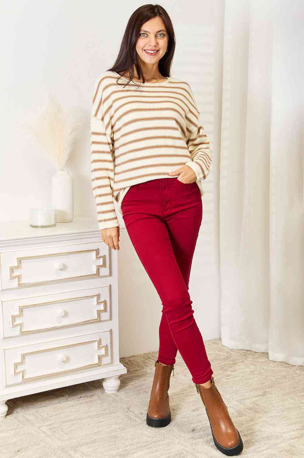 Double Take Striped Boat Neck Sweater Double Take