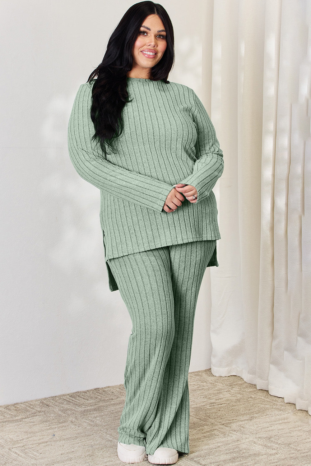 Basic Bae Full Size Ribbed High-Low Top and Wide Leg Pants Set Trendsi