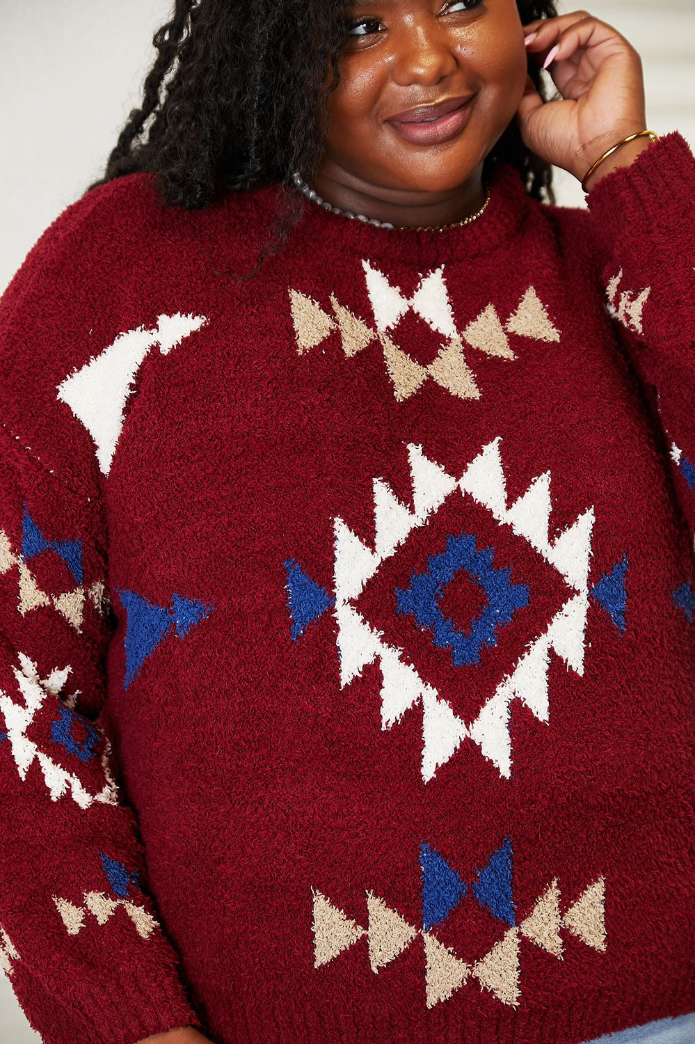 HEYSON Full Size Aztec Soft Fuzzy Sweater Trendsi