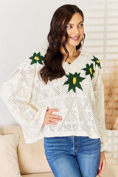 POL Floral Embroidered Pattern V-Neck Sweater Trendsi