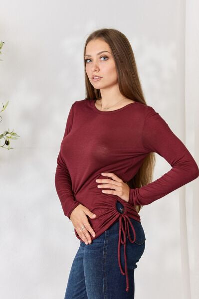 Culture Code Full Size Drawstring Round Neck Long Sleeve Top Trendsi