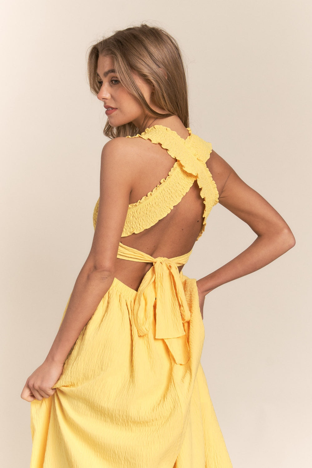 J.NNA Texture Crisscross Back Tie Smocked Maxi Dress Trendsi
