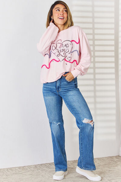 LOVE YOU Heart Sequin Round Neck Sweatshirt Trendsi