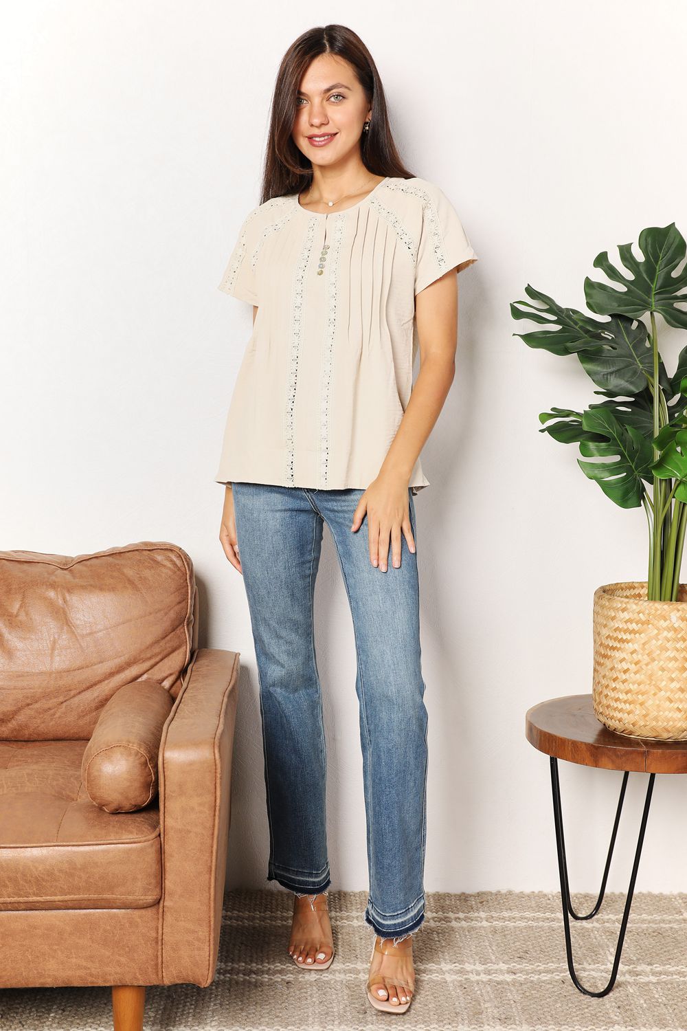 Double Take Crochet Buttoned Short Sleeves Top Trendsi