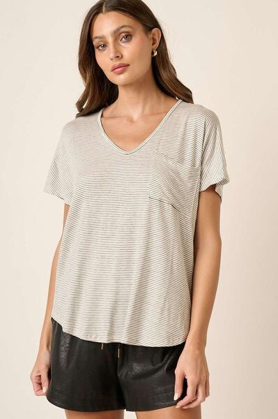 Mittoshop Striped V-Neck Short Sleeve T-Shirt Trendsi