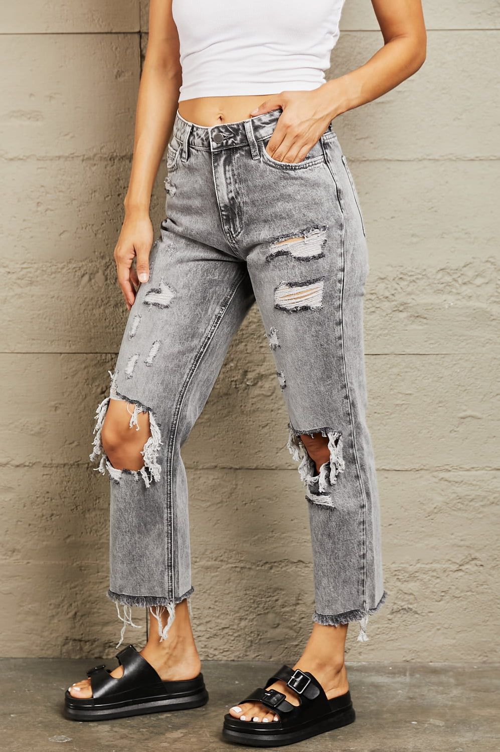 BAYEAS Acid Wash Distressed Straight Jeans Trendsi