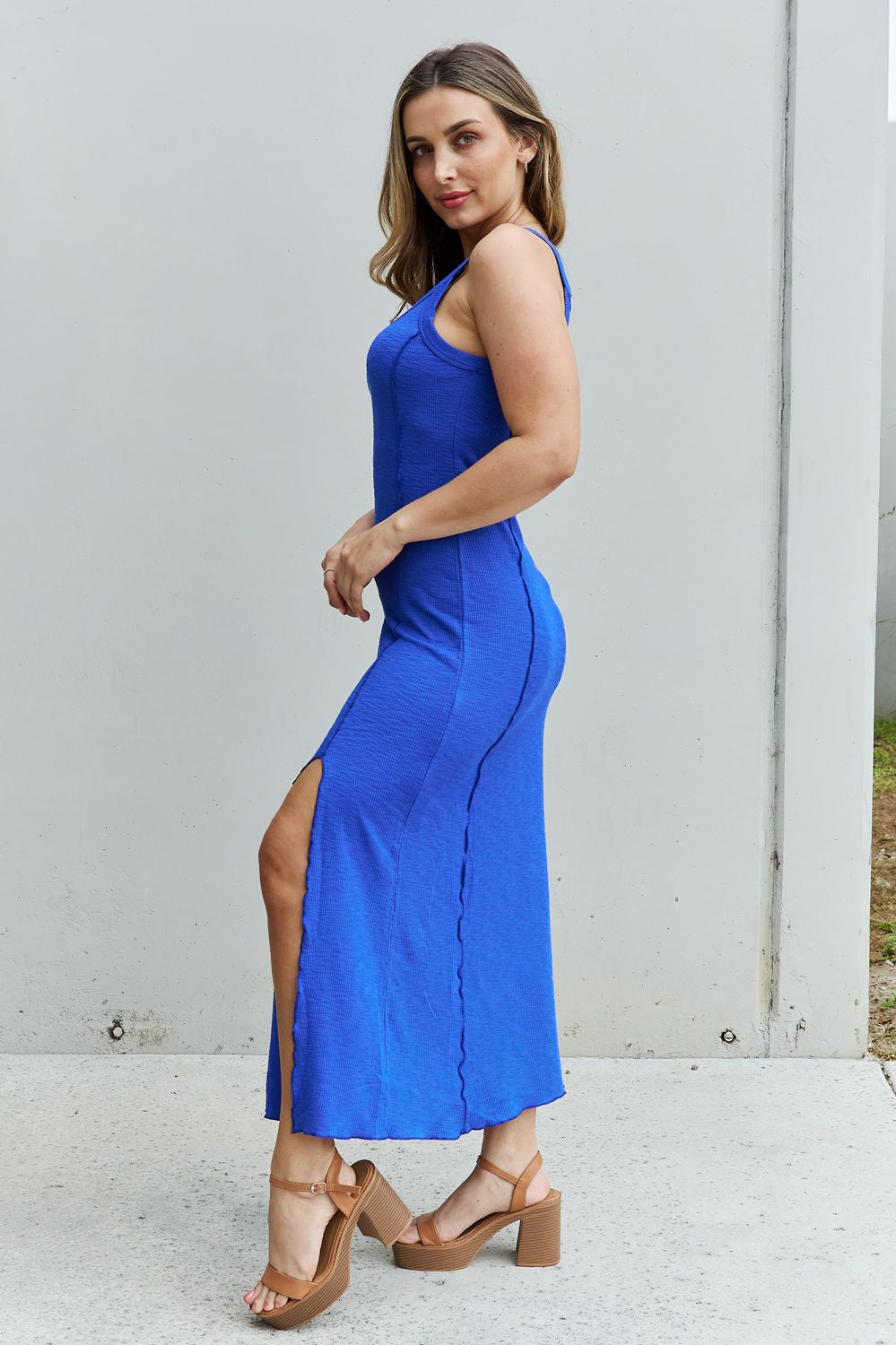 Culture Code Look At Me Notch Neck Maxi Dress with Slit in Cobalt Blue Culture Code