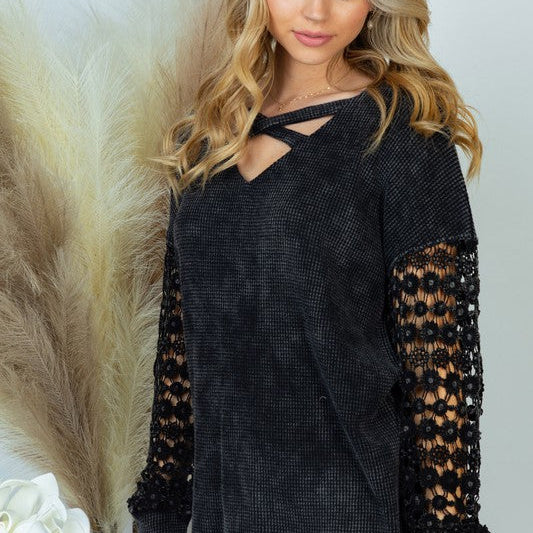 Thermal V-Neck Lace Long Sleeve Top in Black Ave Shops