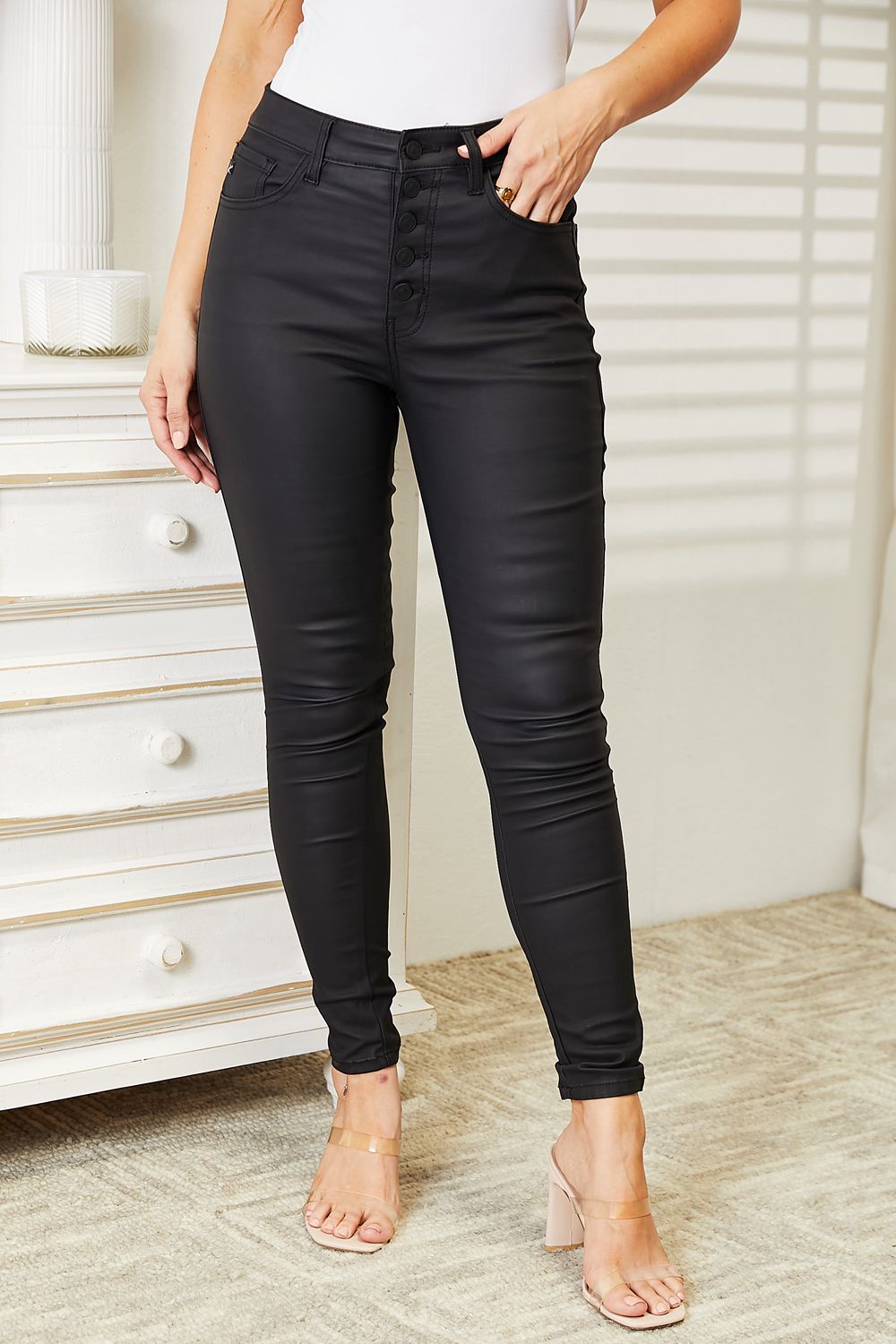 Kancan Full Size High Rise Black Coated Ankle Skinny Jeans Trendsi