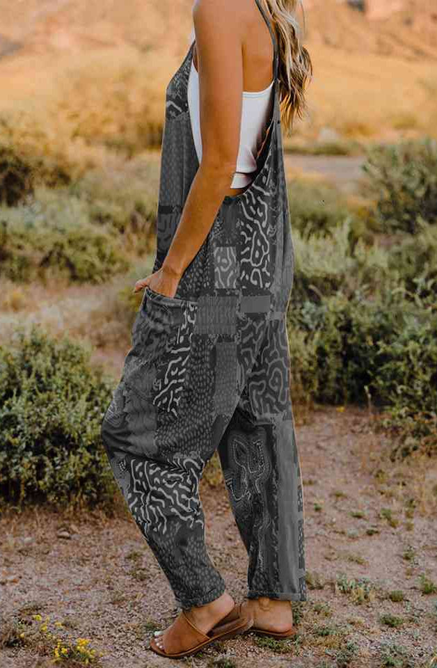 Full Size Printed V-Neck Sleeveless Jumpsuit Trendsi