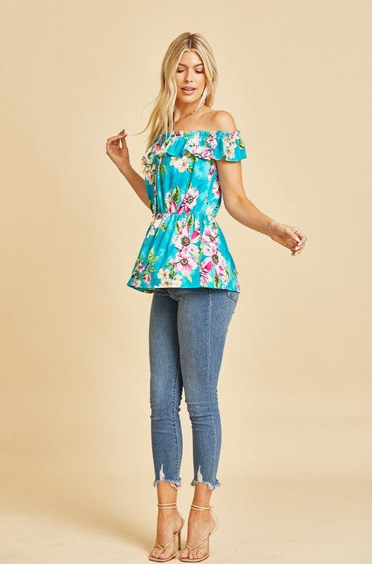 Off Shoulder Short Sleeve Top with Ruffles in Teal/Magenta Ave Shops
