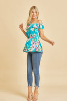 Off Shoulder Short Sleeve Top with Ruffles in Teal/Magenta Ave Shops
