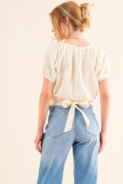 And The Why Cotton Gauze Back Waist Tie Cropped Blouse Trendsi