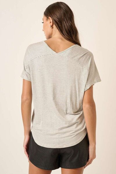 Mittoshop Striped V-Neck Short Sleeve T-Shirt Trendsi