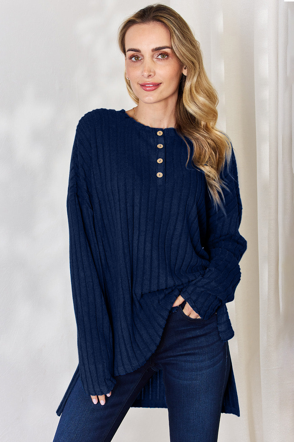 Basic Bae Full Size Ribbed Half Button Long Sleeve High-Low T-Shirt Trendsi