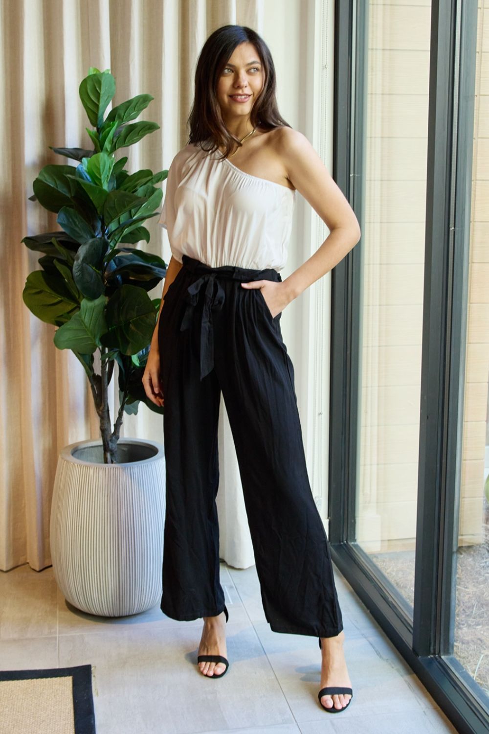 Dress Day Marvelous in Manhattan One-Shoulder Jumpsuit in White/Black Dress Day