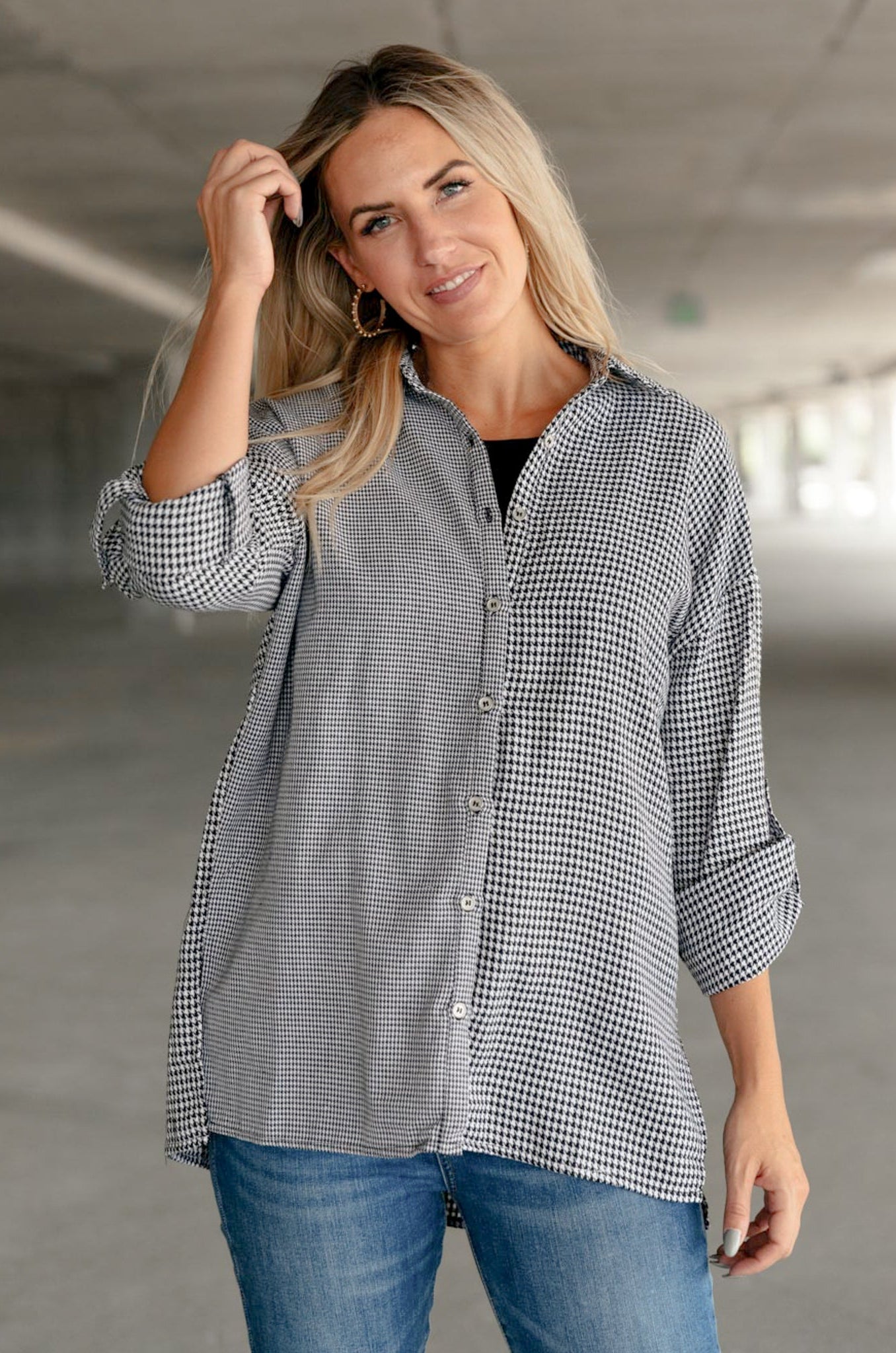 Mixed Houndstooth Button Up Top Ave Shops