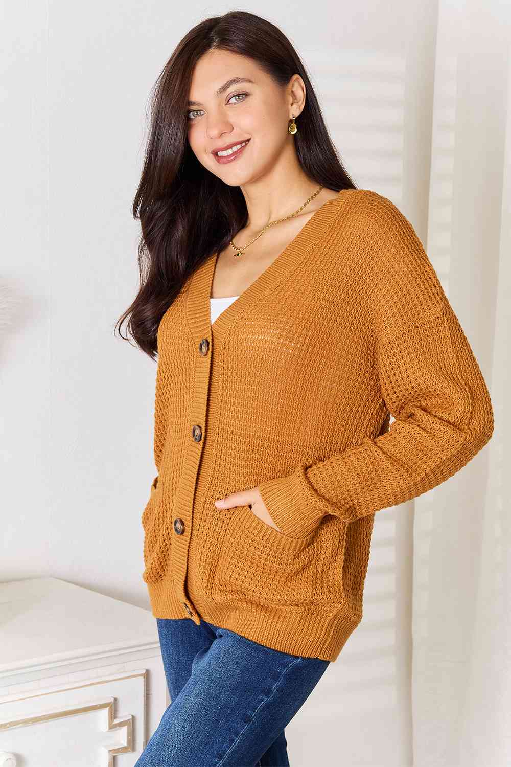 Double Take Drop Shoulder Button Down Cardigan with Pockets Double Take