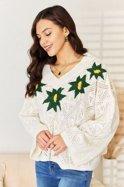 POL Floral Embroidered Pattern V-Neck Sweater Trendsi