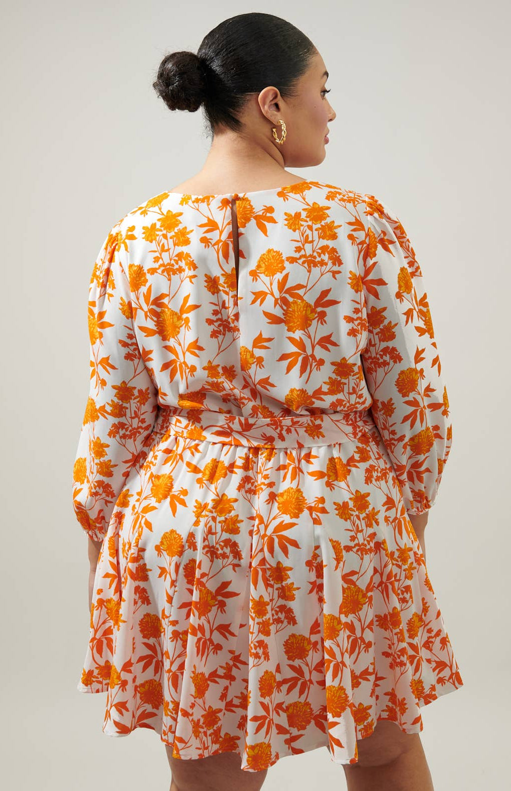 Plus Size Manzanilla Floral Collins Godet Mini Dress in Orange and Ivory Cute Hues