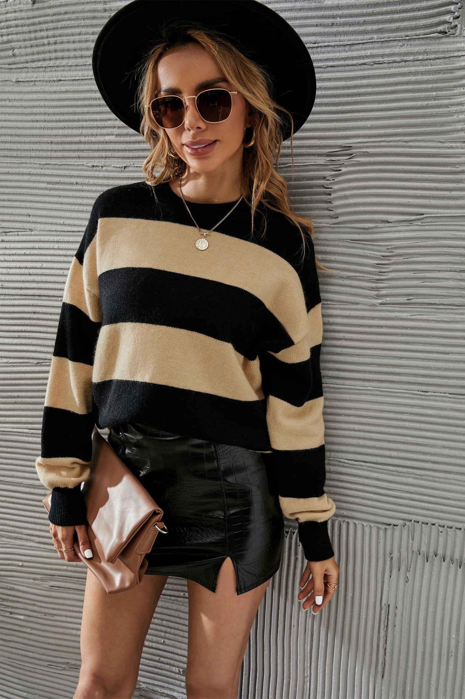 Two-Tone Round Neck Dropped Shoulder Sweater Trendsi