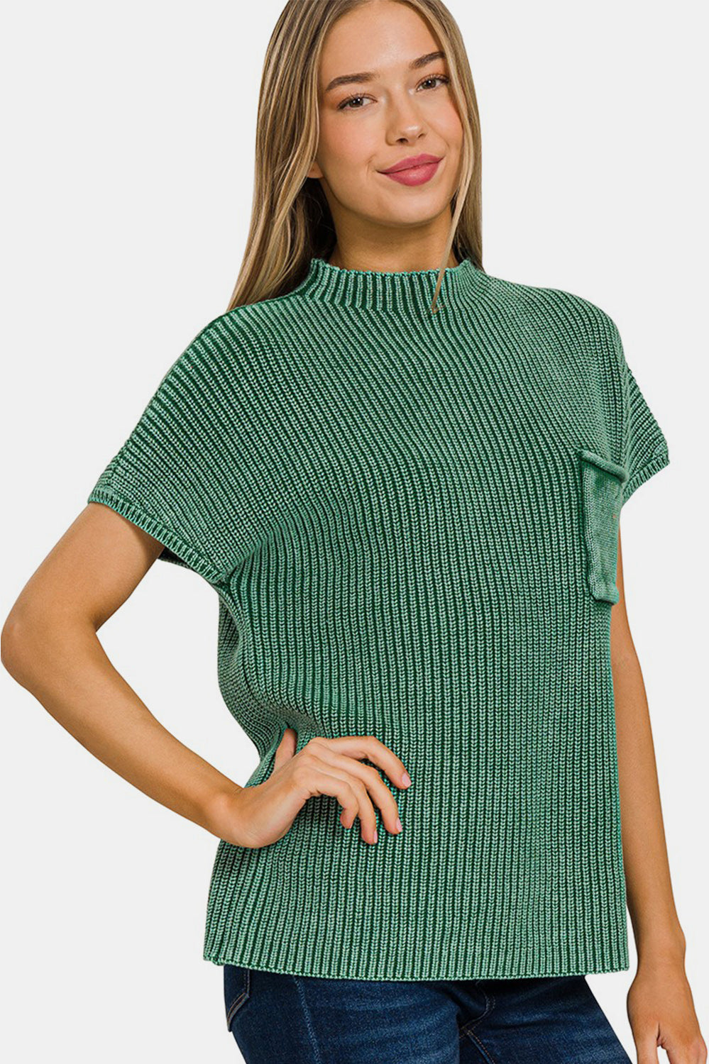 Zenana Washed Mock Neck Short Sleeve Sweater Trendsi