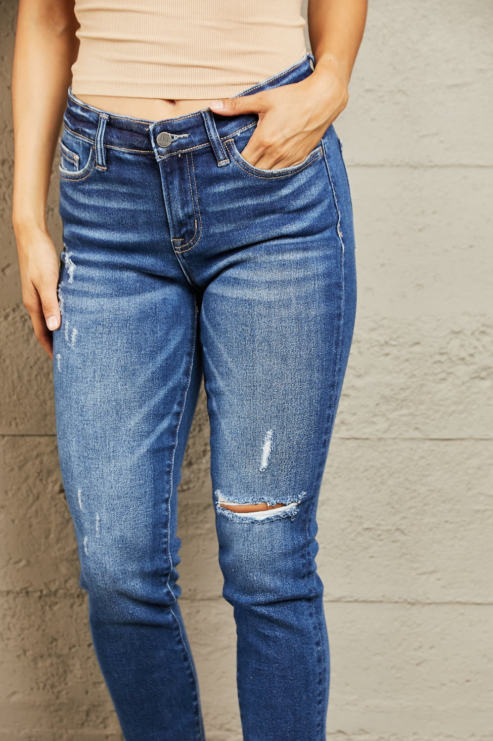 BAYEAS Mid Rise Distressed Slim Jeans Trendsi