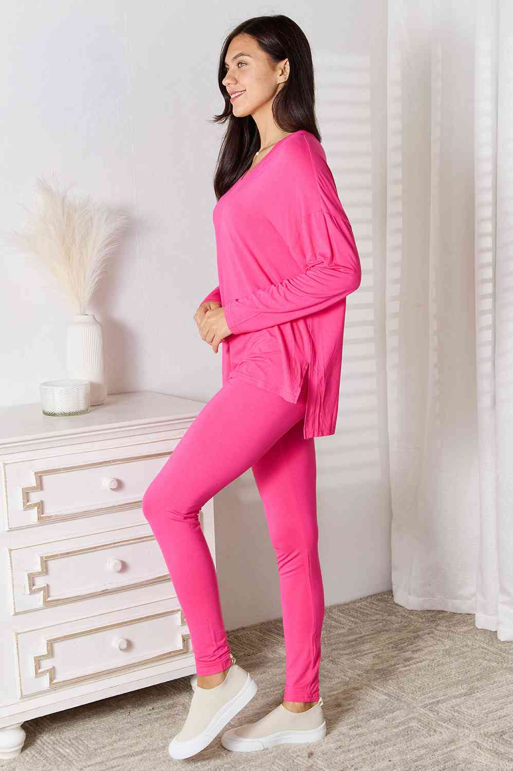 Basic Bae Full Size V-Neck Soft Rayon Long Sleeve Top and Pants Lounge Set Trendsi