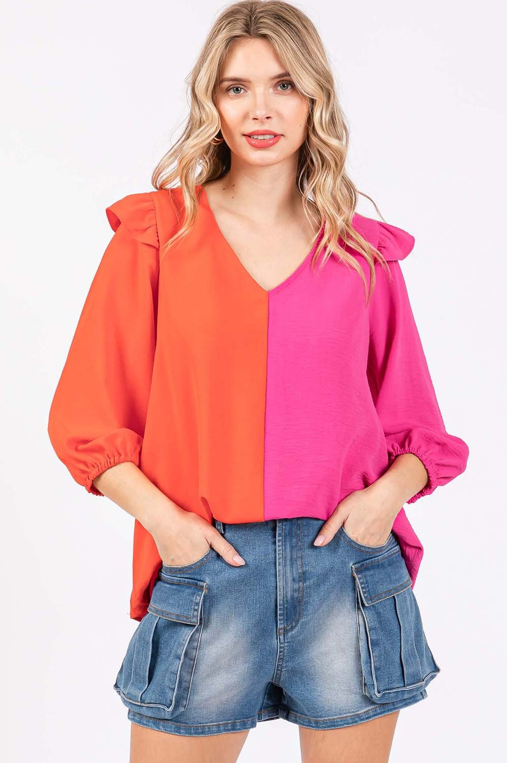 GeeGee Full Size Ruffle Trim Contrast Blouse Trendsi
