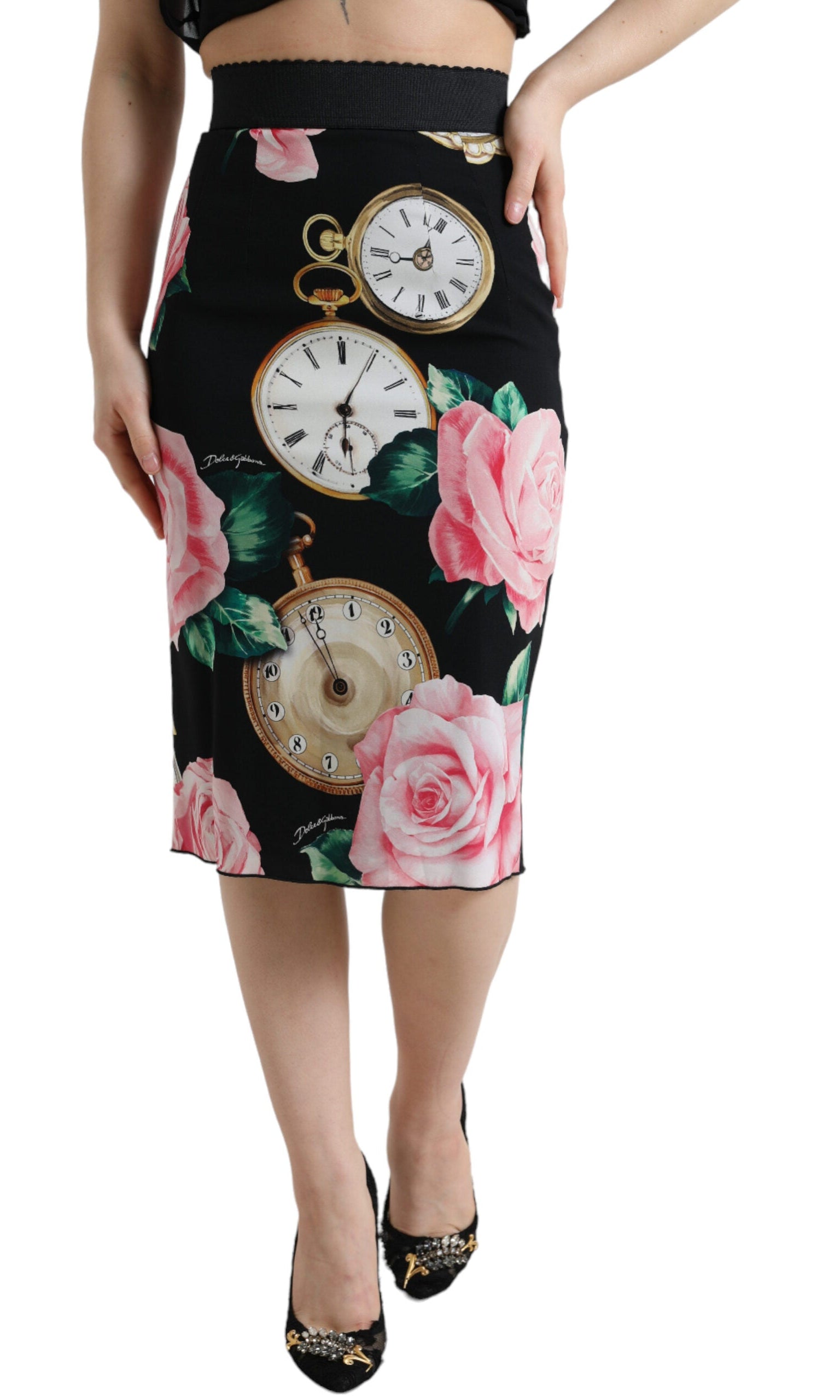 Dolce & Gabbana Black Rose Clock High Waist Pencil Cut Skirt GENUINE AUTHENTIC BRAND LLC