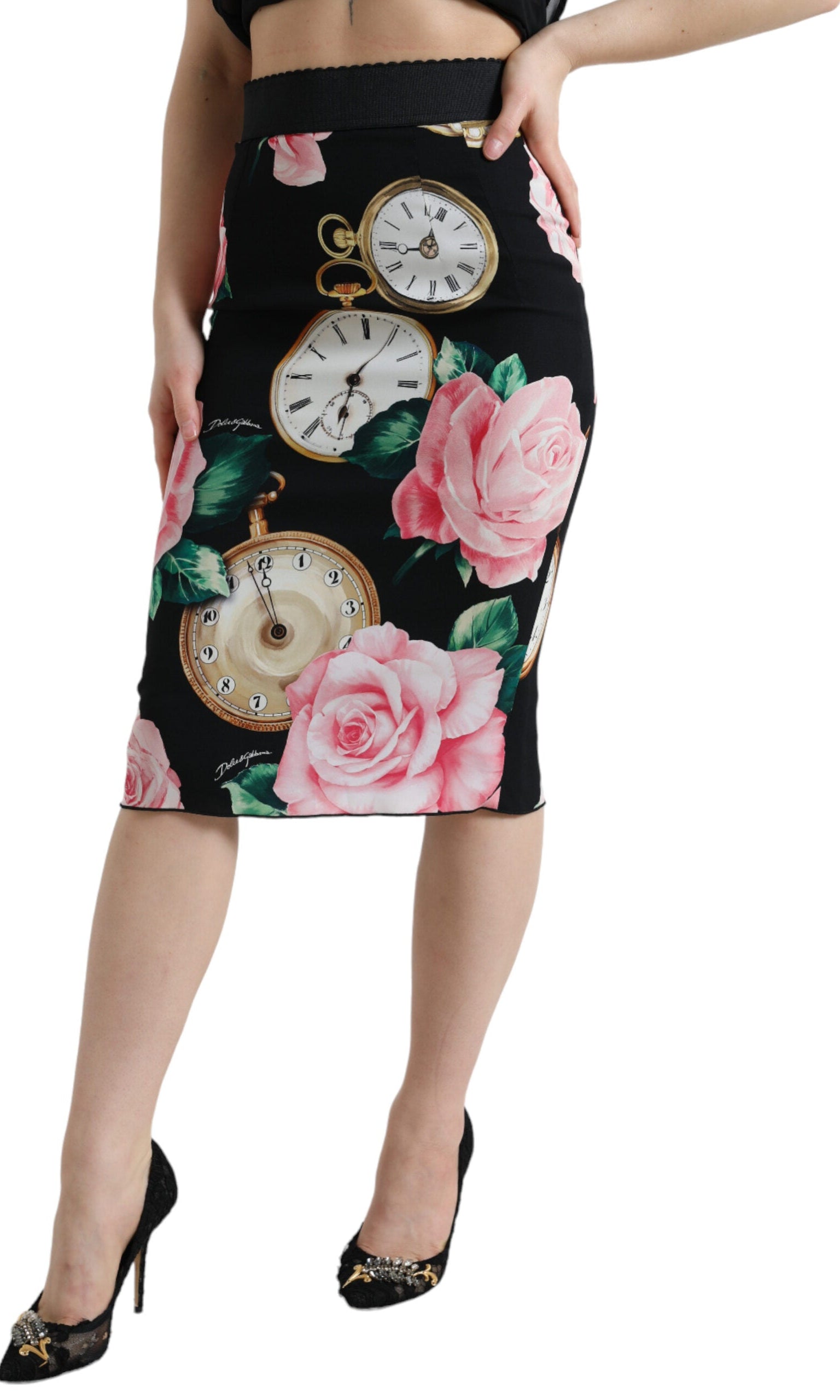 Dolce & Gabbana Black Rose Clock High Waist Pencil Cut Skirt GENUINE AUTHENTIC BRAND LLC