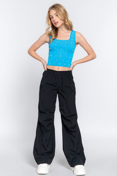 ACTIVE BASIC Pearl Detail Square Neck Cropped Tank Trendsi