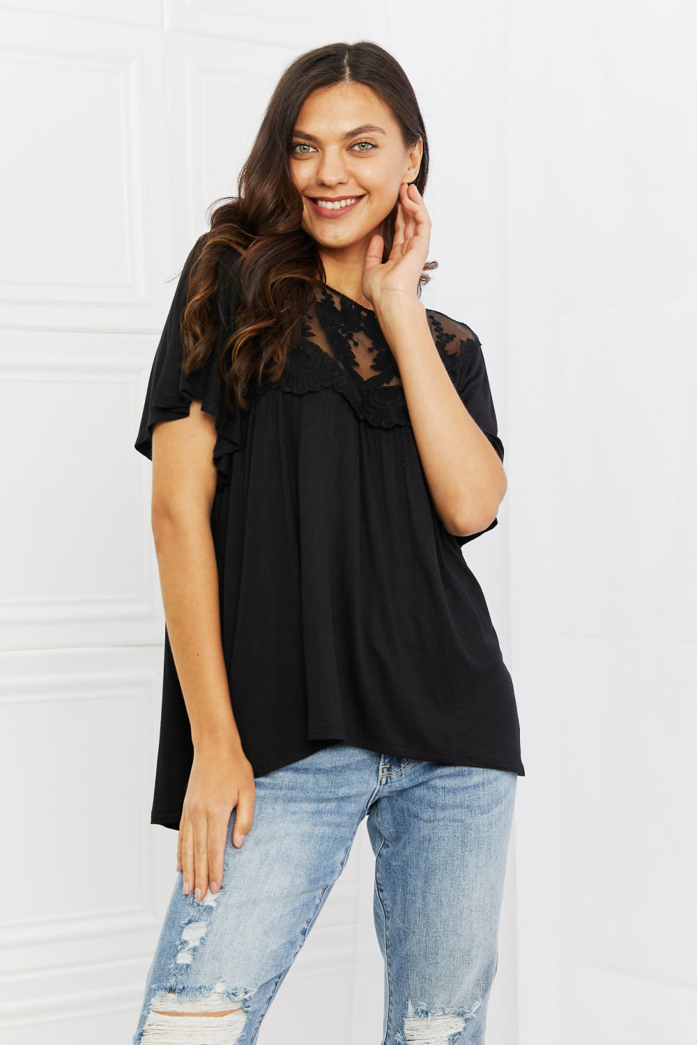 Culture Code Ready To Go Lace Embroidered Top in Black Culture Code