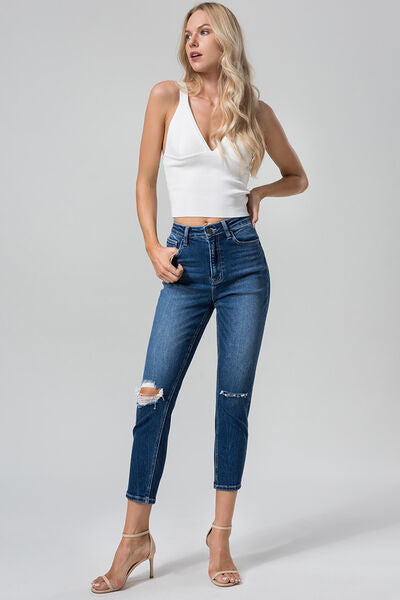BAYEAS Full Size High Waist Distressed Washed Cropped Mom Jeans Trendsi