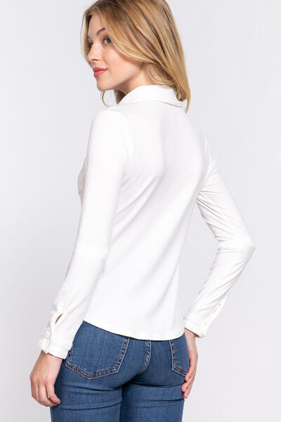 ACTIVE BASIC Long Sleeve Front Pocket DTY Brushed Shirt Trendsi