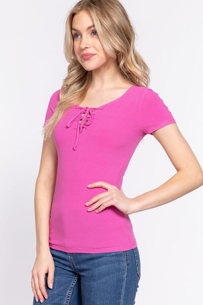 ACTIVE BASIC Lace Up Short Sleeve Rib Knit T-Shirt Trendsi