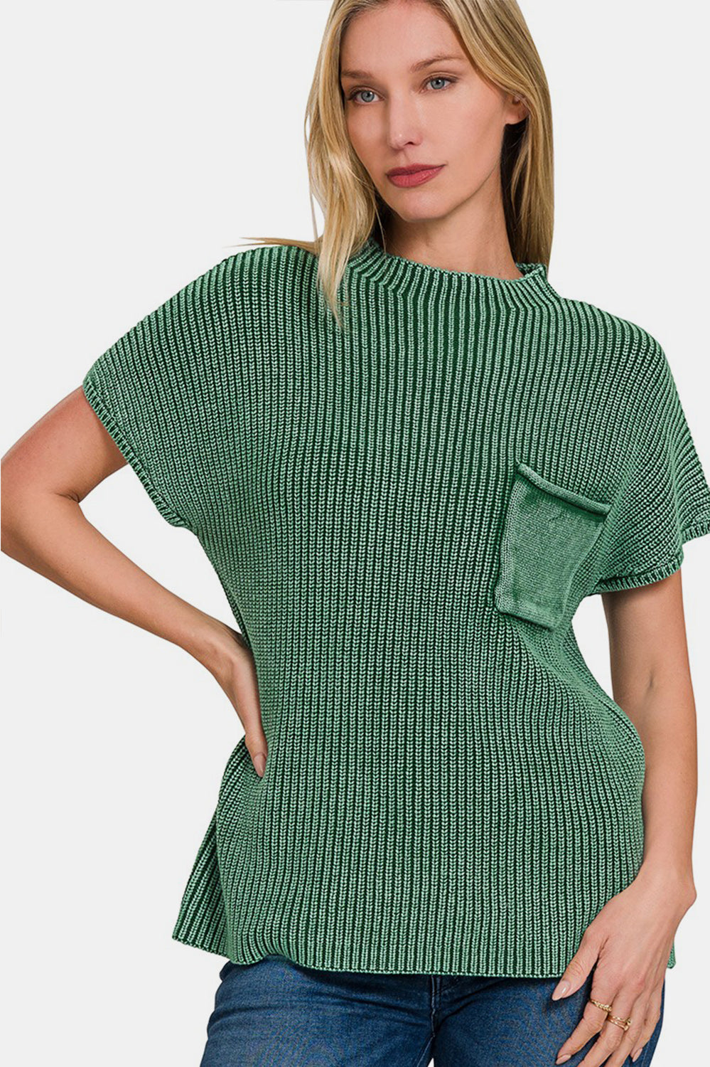 Zenana Washed Mock Neck Short Sleeve Sweater Trendsi