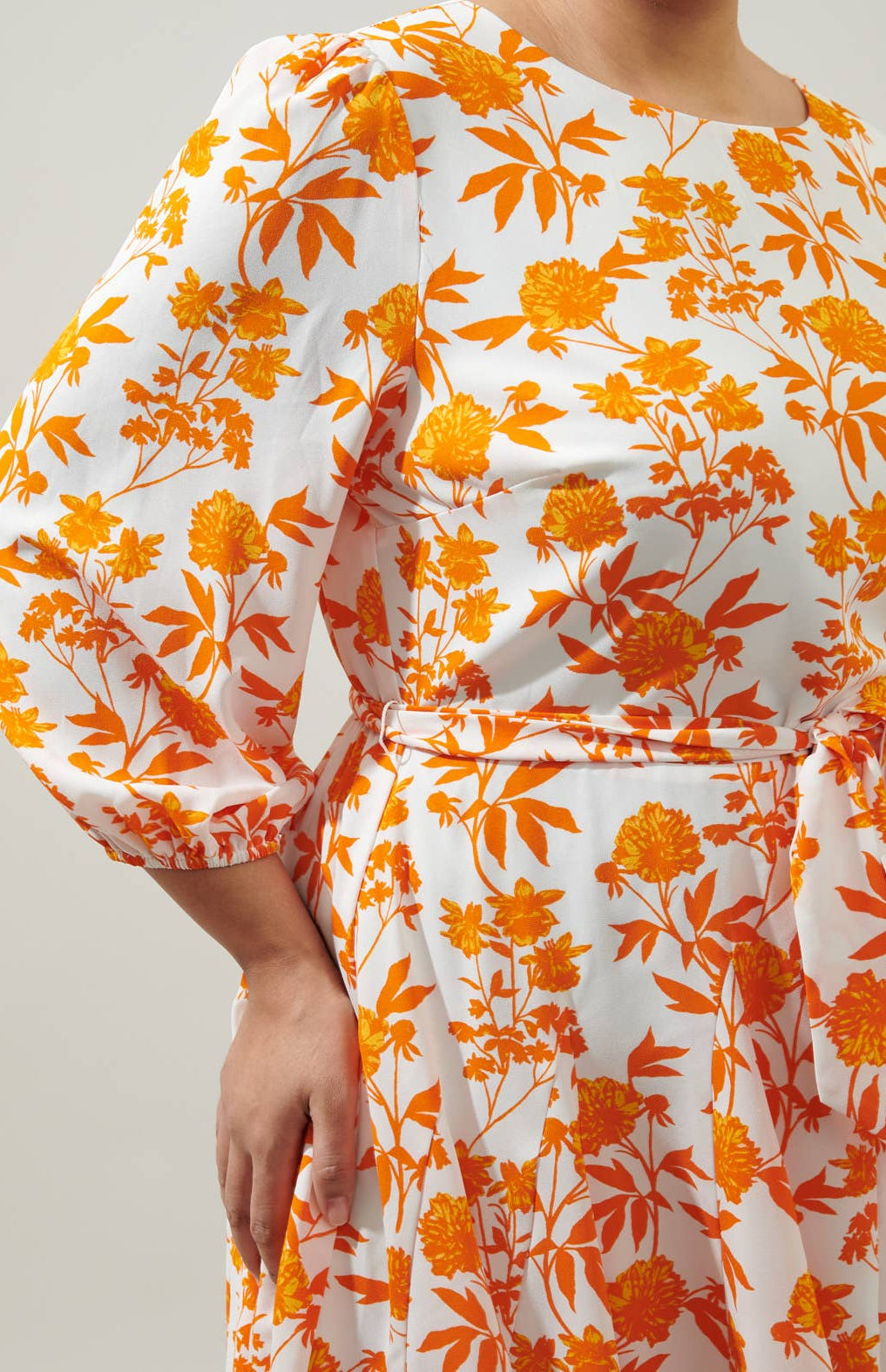 Plus Size Manzanilla Floral Collins Godet Mini Dress in Orange and Ivory Cute Hues