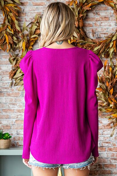 First Love Texture Puff Sleeve Round Neck Blouse Trendsi