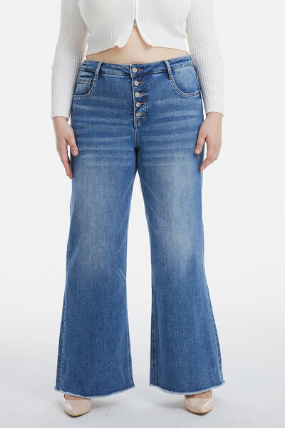 BAYEAS Full Size High Waist Button-Fly Raw Hem Wide Leg Jeans Trendsi