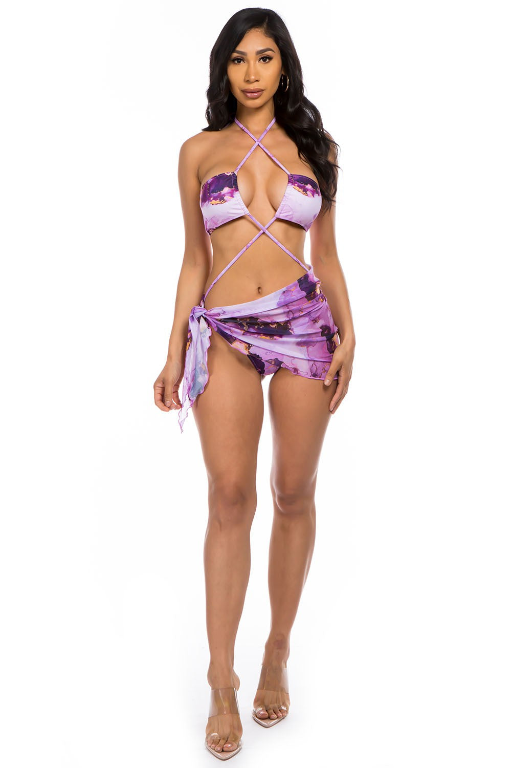 Phoebe 3 Piece Sexy Floral Print Bikini with Mesh Cover Up in Purple Penderié, Inc.