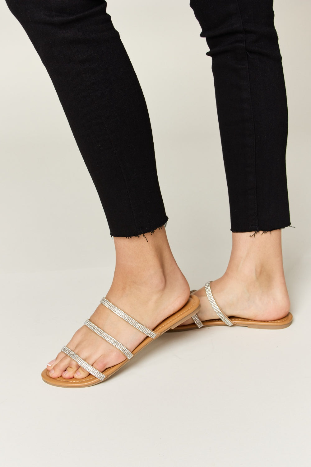WILD DIVA Rhinestone Three-Strap Flat Sandals Trendsi