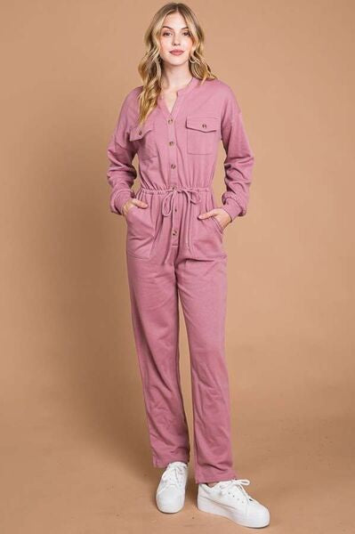 Culture Code Full Size Button Up Drawstring Waist Straight Jumpsuit Trendsi