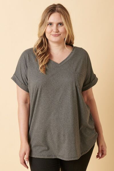 Mittoshop Full Size V-Neck Rolled Short Sleeve T-Shirt Trendsi