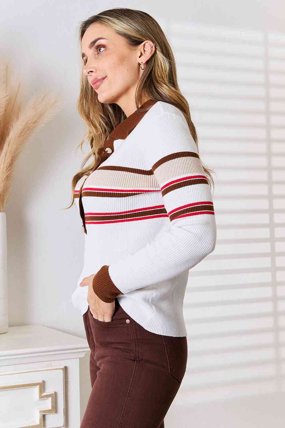 Basic Bae Striped Collared Neck Rib-Knit Top Trendsi
