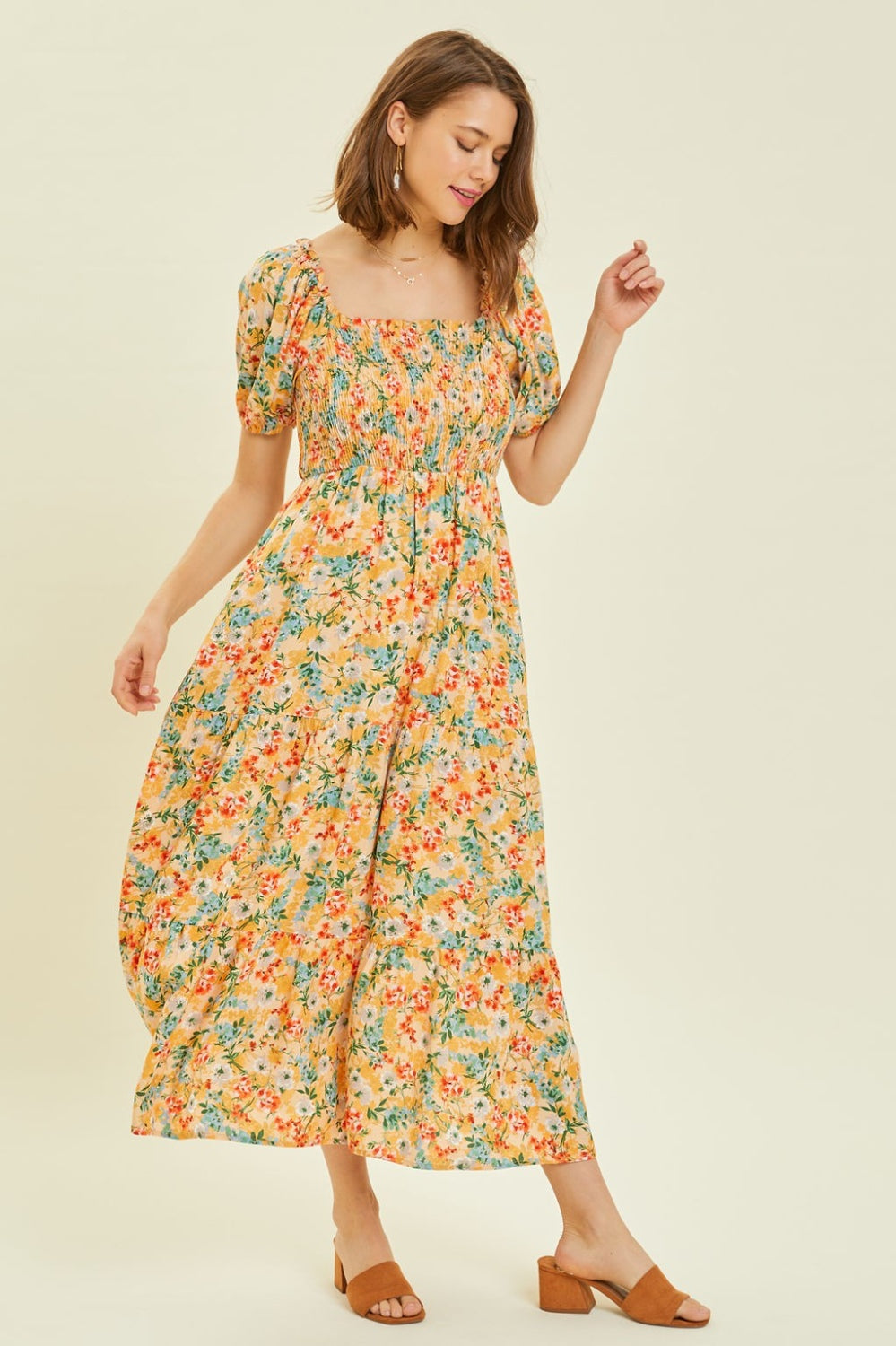 HEYSON Full Size Floral Smocked Tiered Midi Dress Trendsi